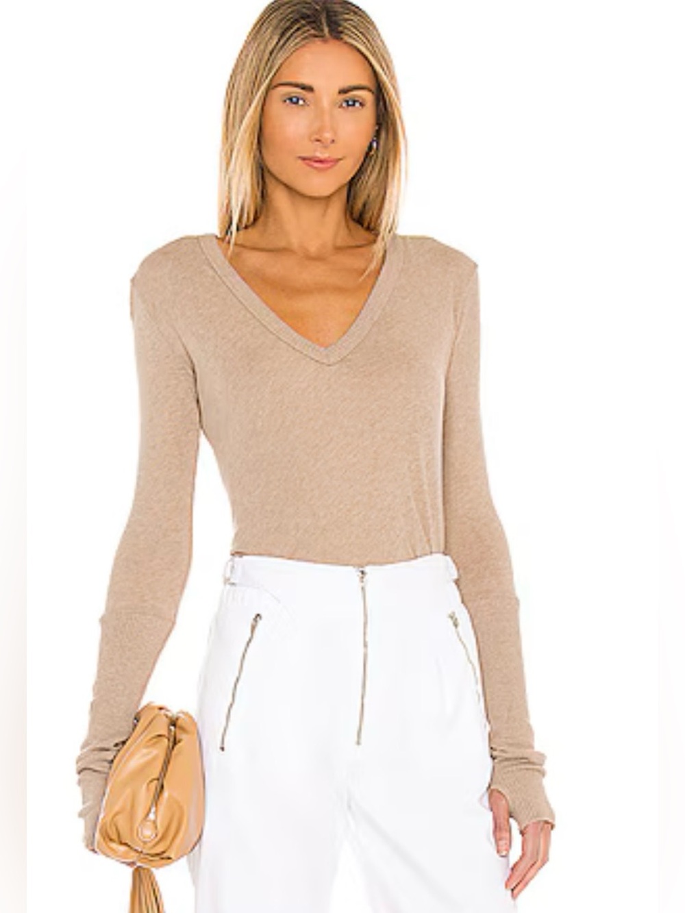 ENZA COSTA Revolve Cashmere Blend Rib Cuff V-Neck Long Sleeve Tee Sz XS